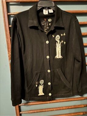 Onque Casuals Whimsical Embroidered Cat Button Up Jacket Cardigan 100% Cotton